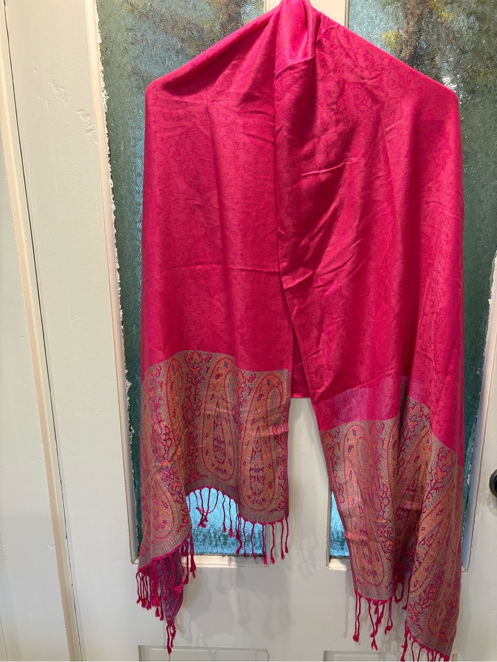 pashmina Fuchsia Paisley Woven Scarf with Multicolor Accents